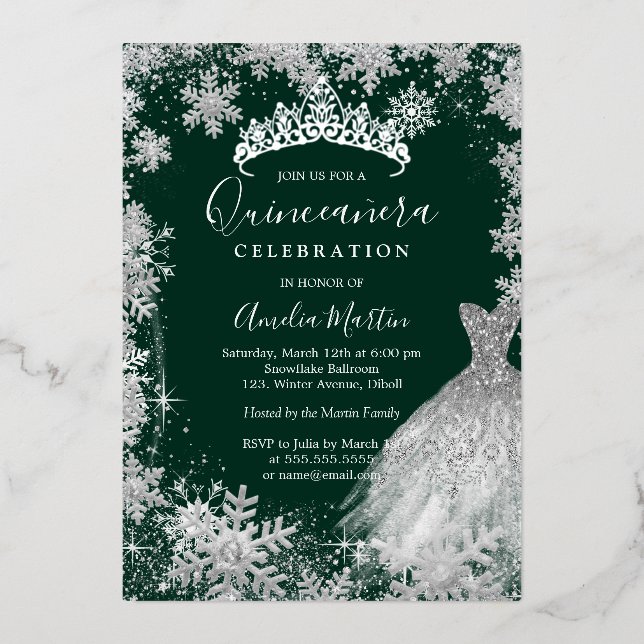 Emerald Green Snowflake Winter Quinceanera Folieneinladung (Vorderseite)