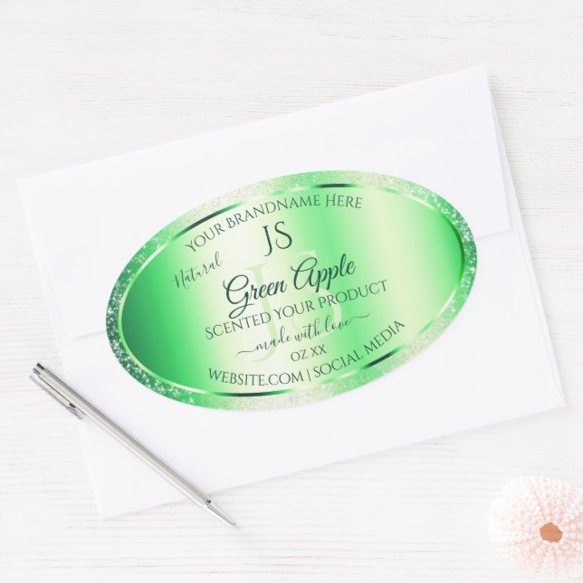 Emerald Green Soft Glitzer Product Labels Monogram Ovaler Aufkleber (Umschlag)