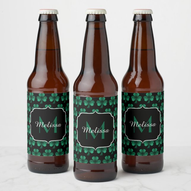 Emerald Green Sparkle Kleeblatt Black Monogram Bierflaschenetikett (Flaschen)