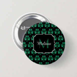 Emerald Green Sparkle Kleeblatt Black Monogram Button
