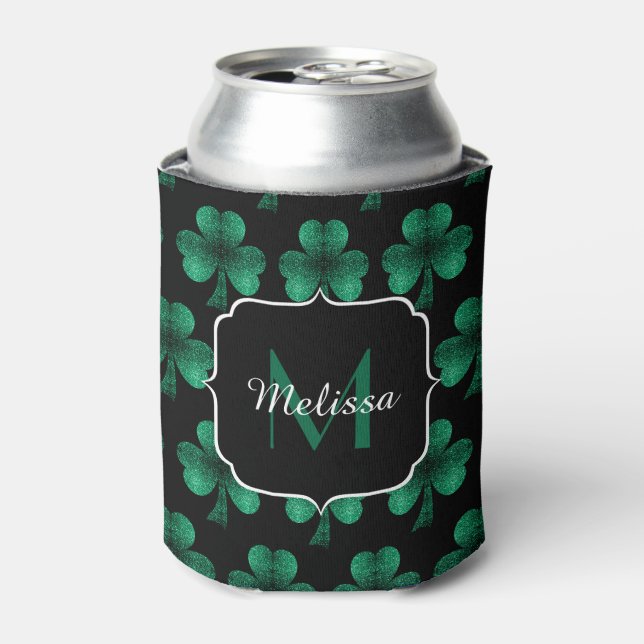 Emerald Green Sparkle Kleeblatt Black Monogram Dosenkühler (Kanne Vorderseite)