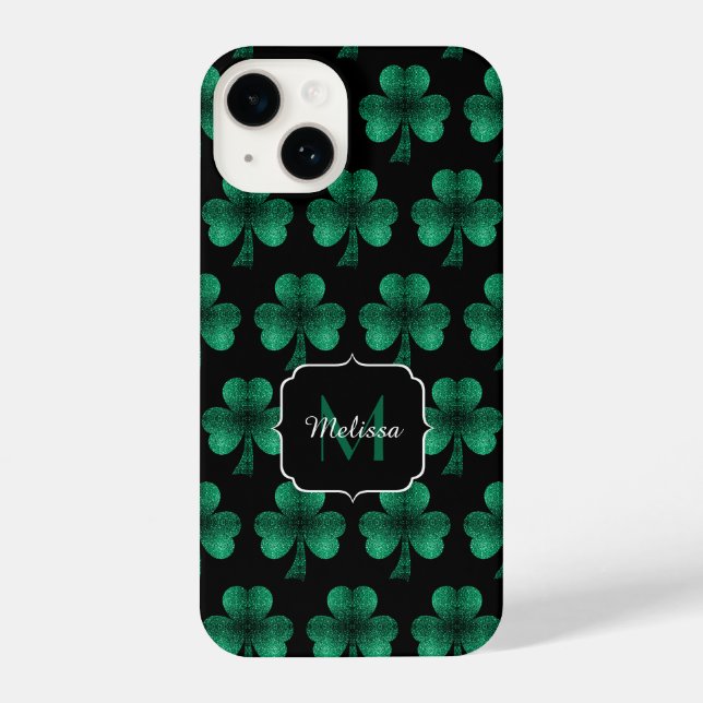Emerald Green Sparkle Kleeblatt Black Monogram iPhone 14 Hülle (Rückseite)