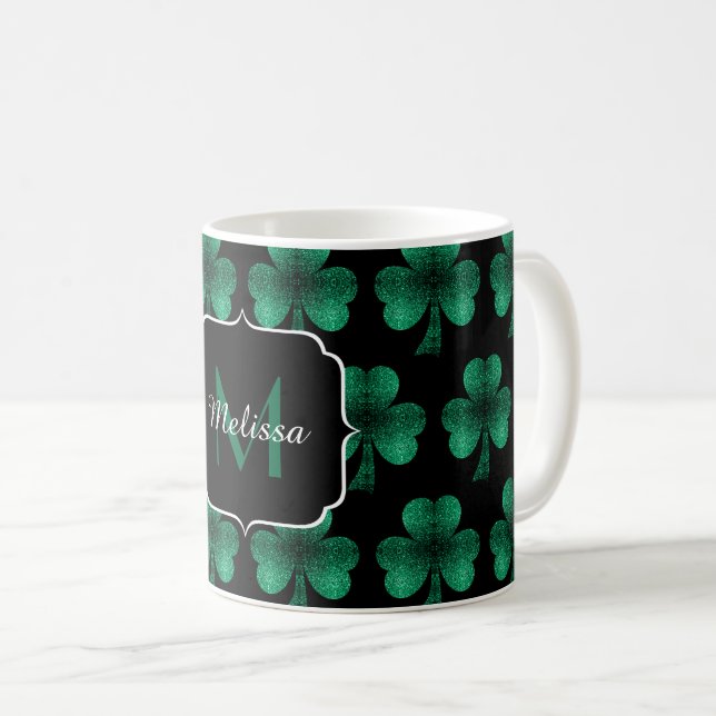 Emerald Green Sparkle Kleeblatt Black Monogram Kaffeetasse (VorderseiteRechts)