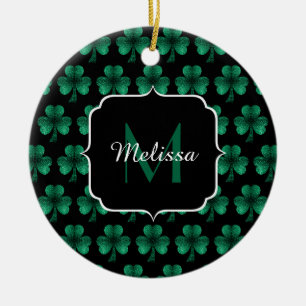 Emerald Green Sparkle Kleeblatt Black Monogram Keramik Ornament