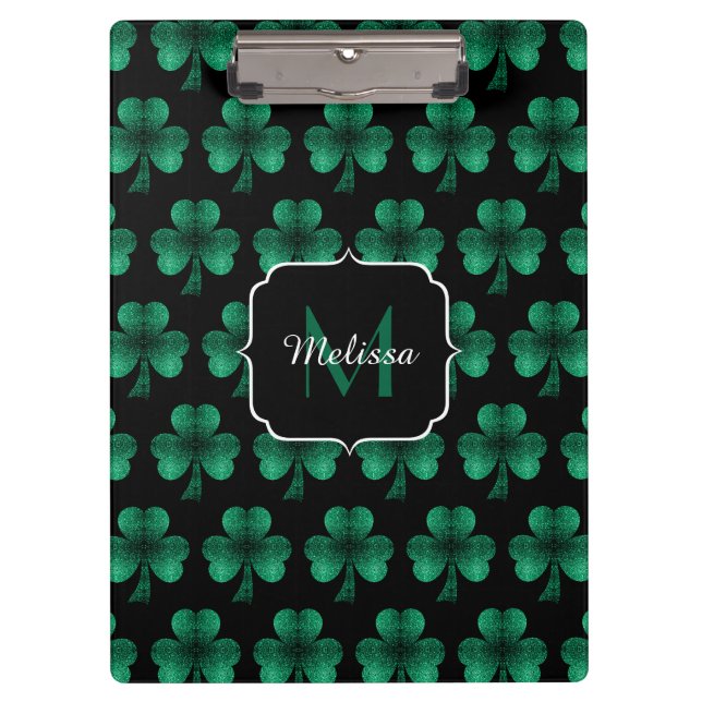 Emerald Green Sparkle Kleeblatt Black Monogram Klemmbrett (Vorderseite)