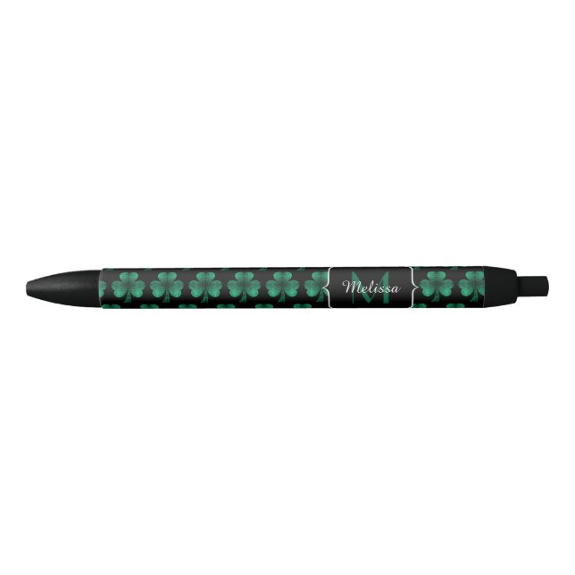 Emerald Green Sparkle Kleeblatt Black Monogram Kugelschreiber (Vorderseite)