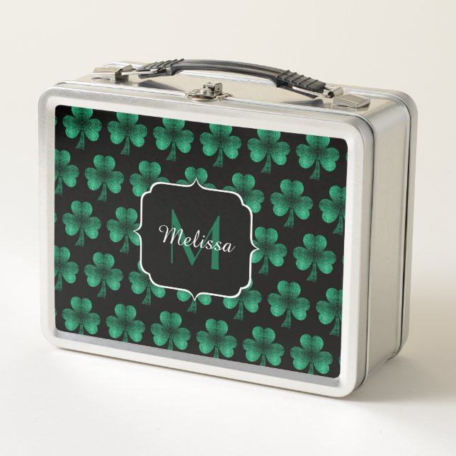Emerald Green Sparkle Kleeblatt Black Monogram Metall Brotdose (Vorderseite)