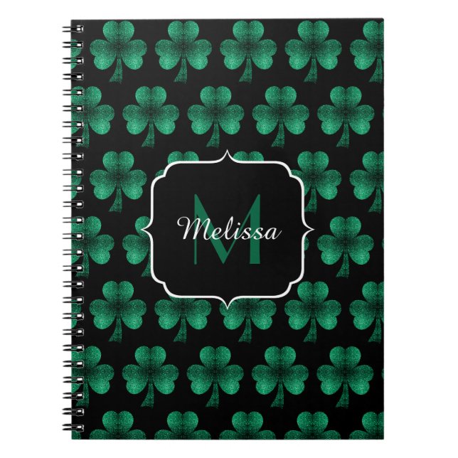 Emerald Green Sparkle Kleeblatt Black Monogram Notizblock (Vorderseite)