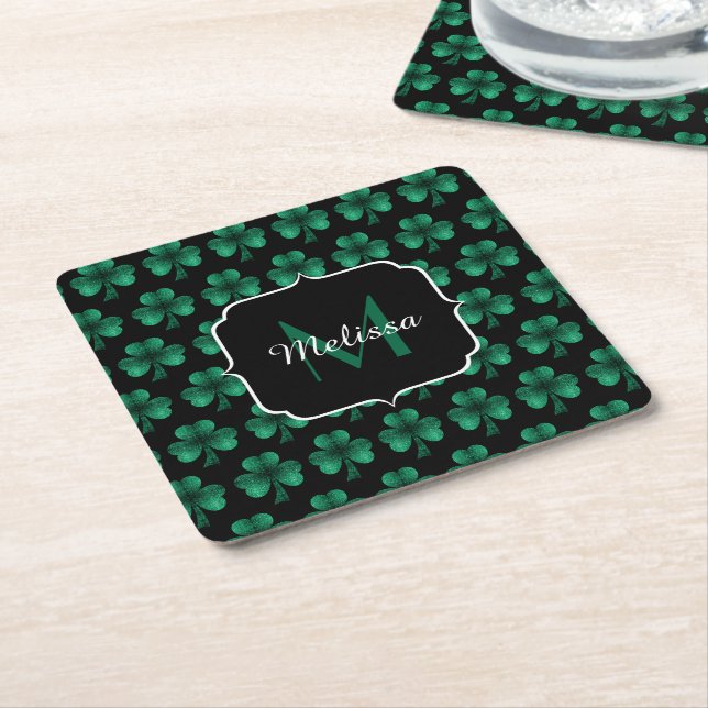Emerald Green Sparkle Kleeblatt Black Monogram Rechteckiger Pappuntersetzer (angewinkelt)