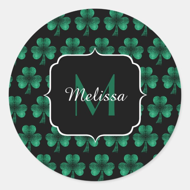 Emerald Green Sparkle Kleeblatt Black Monogram Runder Aufkleber (Vorderseite)