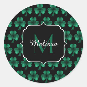 Emerald Green Sparkle Kleeblatt Black Monogram Runder Aufkleber
