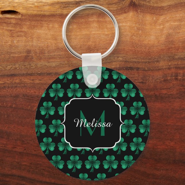 Emerald Green Sparkle Kleeblatt Black Monogram Schlüsselanhänger (Vorderseite)