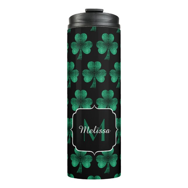 Emerald Green Sparkle Kleeblatt Black Monogram Thermosbecher (Vorderseite)