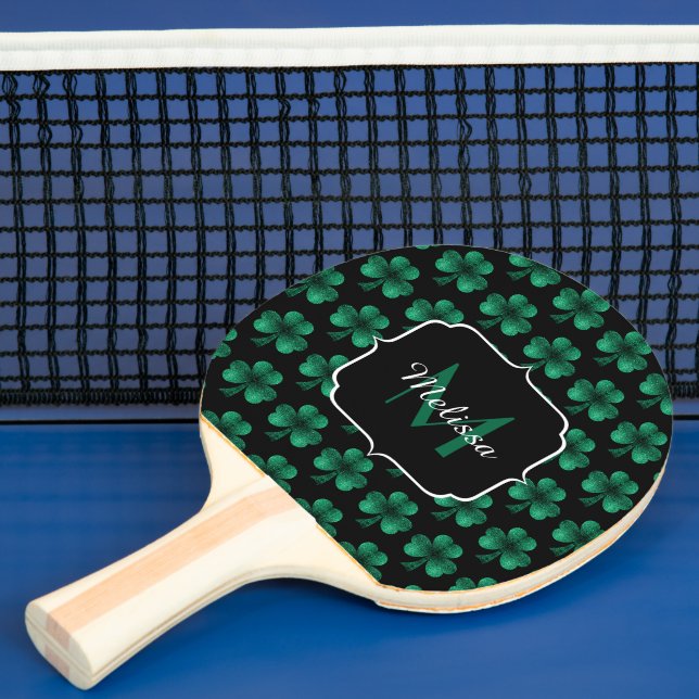 Emerald Green Sparkle Kleeblatt Black Monogram Tischtennis Schläger (InSitu)