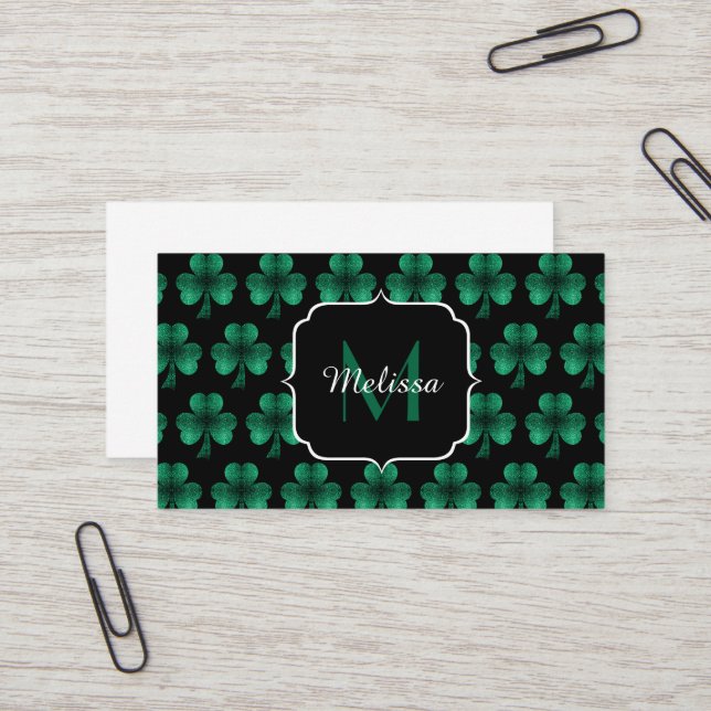 Emerald Green Sparkle Kleeblatt Black Monogram Visitenkarte (Vorderseite/Rückseite Beispiel)