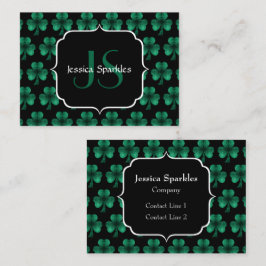 Emerald Green Sparkle Kleeblatt Black Monogram Visitenkarte