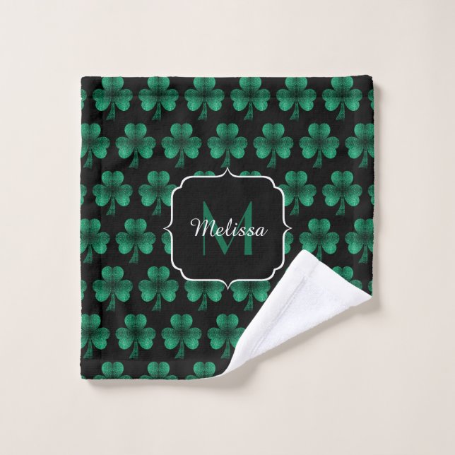 Emerald Green Sparkle Kleeblatt Black Monogram Waschlappen (Waschlappen)
