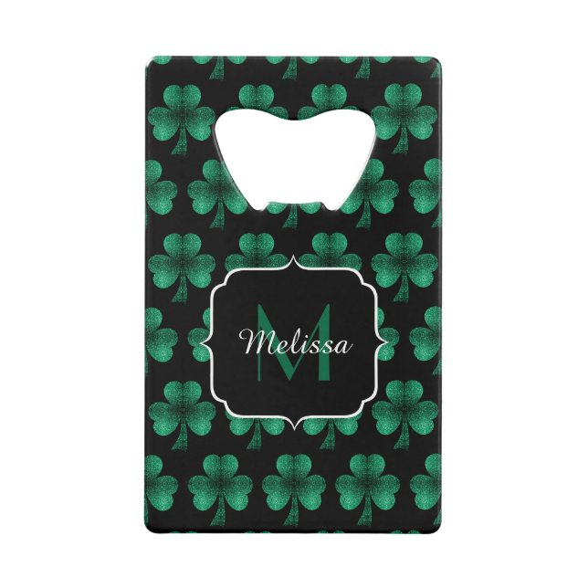 Emerald Green Sparkle Shamrock noir Monogramme (Devant)