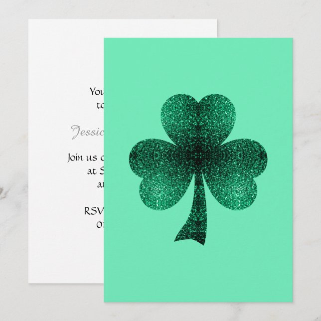 Emerald Green Sparkles Shamrock Clover Invitation (Devant / Derrière)