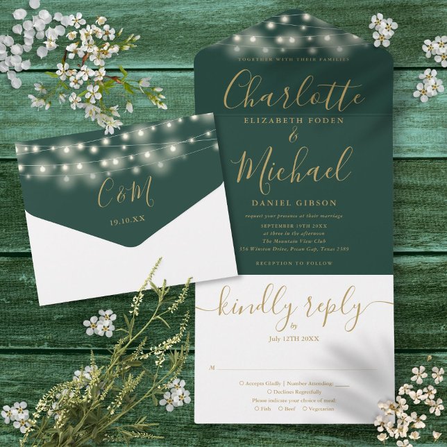 Emerald Green String Lights Gold Script Wedding All In One Einladung (Emerald Green String Lights Gold Script Wedding All In One Invitation)