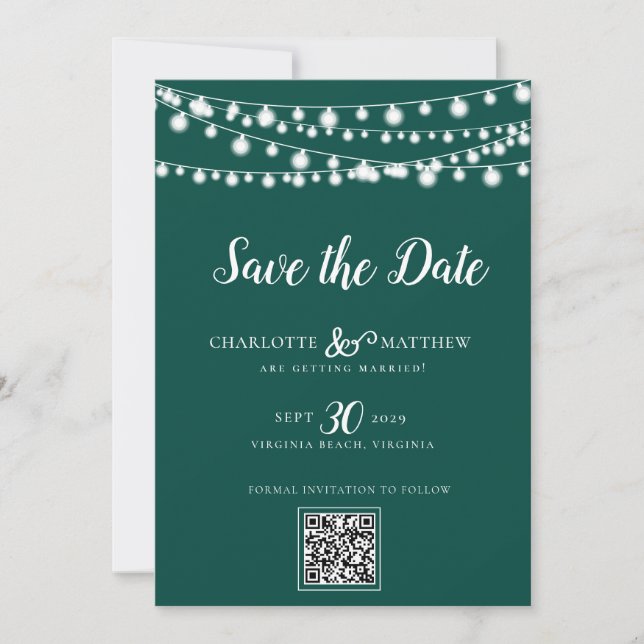 Emerald Green String Lights Modernes Skript Rette  Save The Date (Vorderseite)