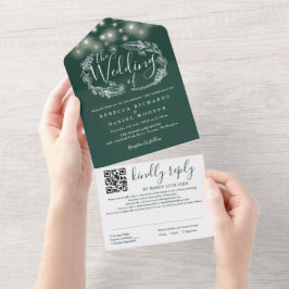 Emerald Green String Lights QR Code Wedding All In One Einladung