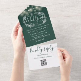 Emerald Green String Lights QR Code Wedding All In One Einladung