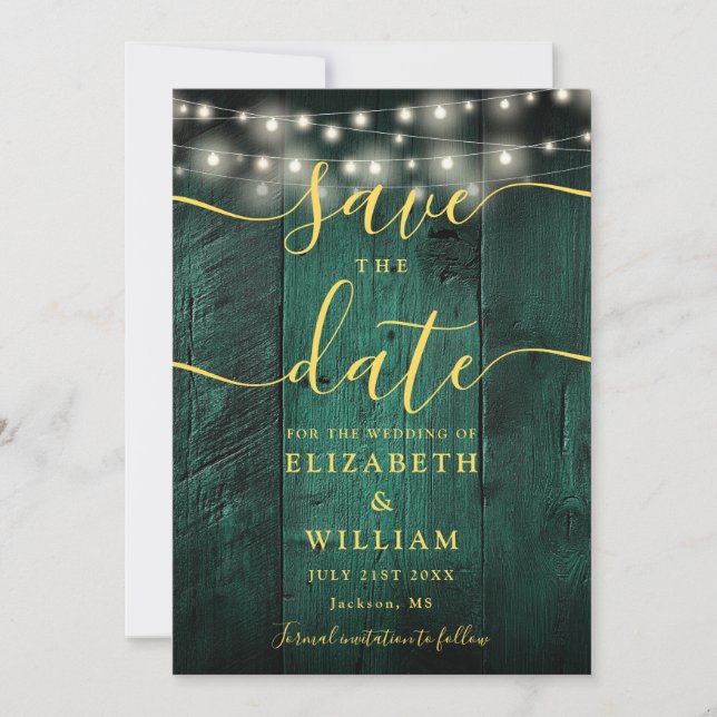 Emerald Green String Lights Rustic Wood Wedding Save The Date (Vorderseite)