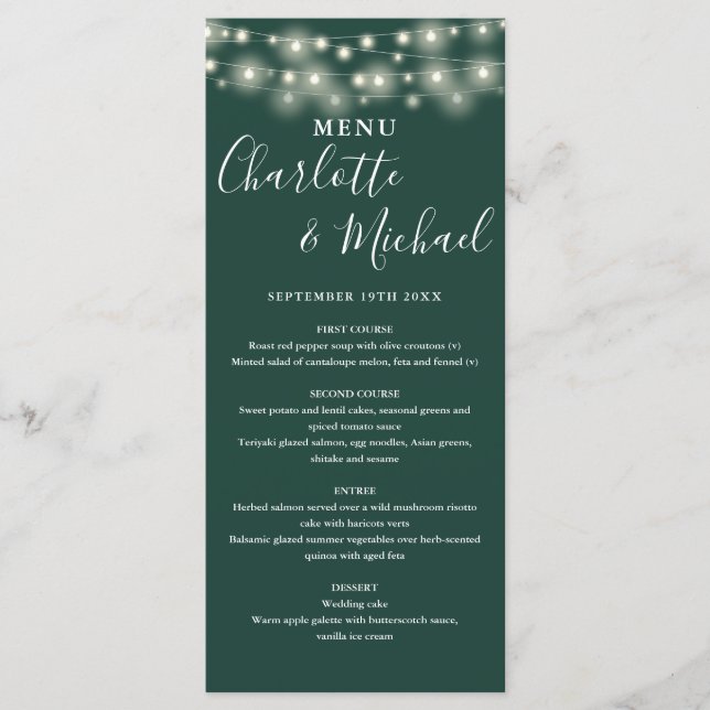 Emerald Green String Lights Signature Mariage Menu (Devant)
