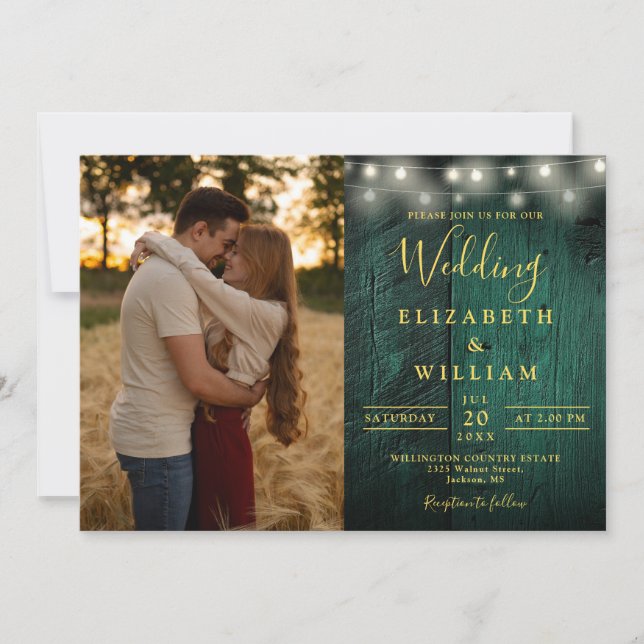 Emerald Green String Lights Wedding Foto Details Einladung (Vorderseite)