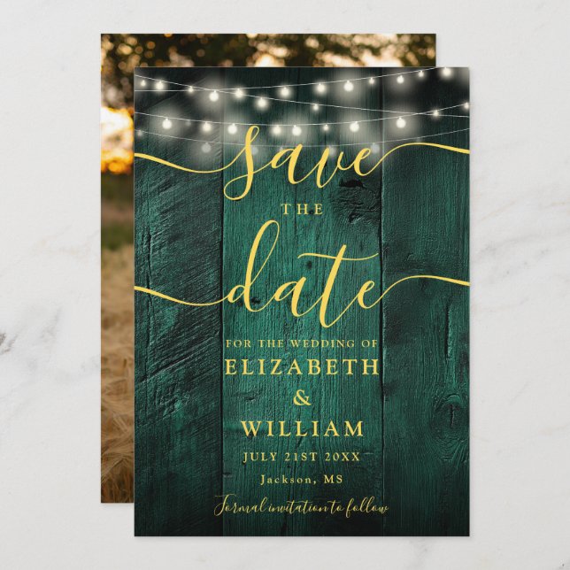 Emerald Green String Lights Wood Foto Wedding Save The Date (Vorne/Hinten)