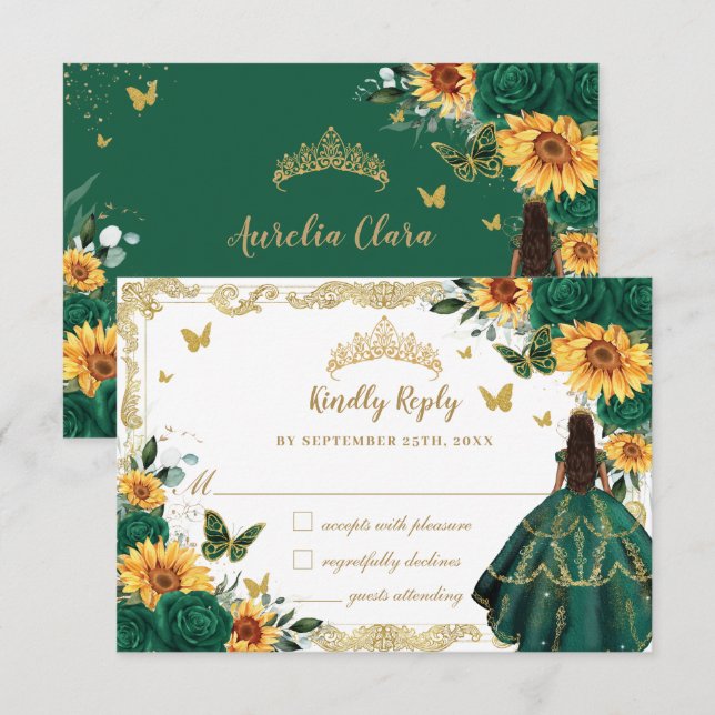 Emerald Green Sunflower Blumenkleider RSVP Karte (Vorne/Hinten)