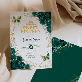 Emerald Green Sweet 16 Butterflies Geometrisches P Einladung