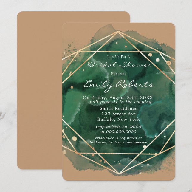 Emerald Green Tan Gold Watercolor Brautparty Einladung (Vorne/Hinten)