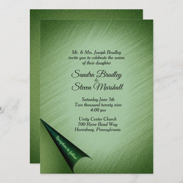 Emerald Green Turn of the Page Wedding Einladung (Vorne/Hinten)