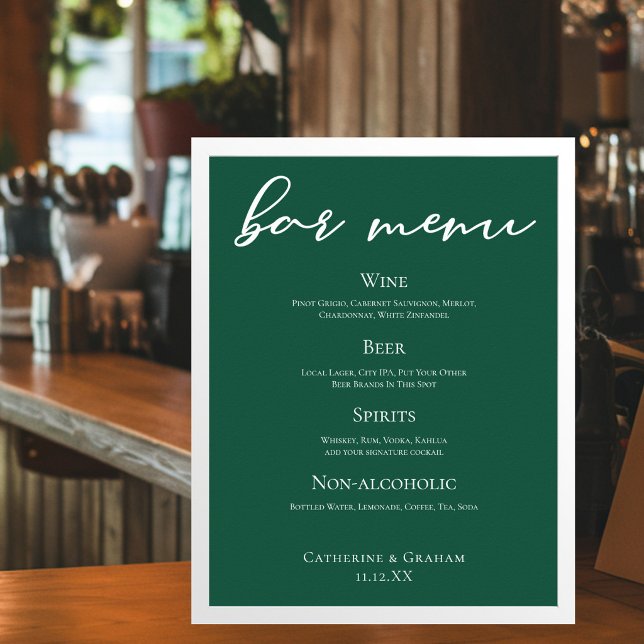 Emerald Green Typografy Forest Wedding Bar Menu Poster (Von Creator hochgeladen)