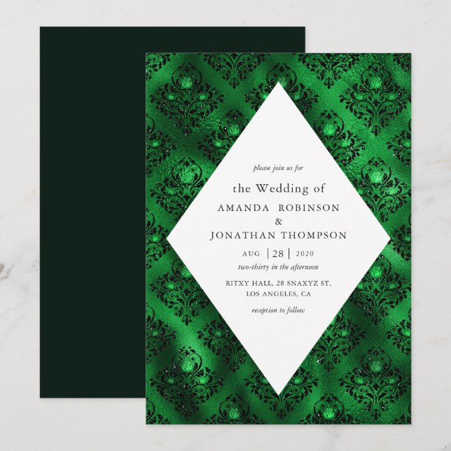 Emerald Green und Black Glam Damask Rose Hochzeit Einladung (Vorne/Hinten)