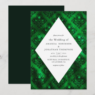 Emerald Green und Black Glam Damask Rose Hochzeit Einladung