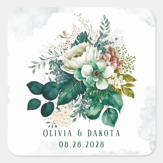 Emerald Green und Cream Florals Wedding Quadratischer Aufkleber (Vorderseite)