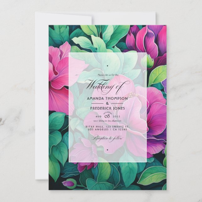 Emerald Green und Fuschia Floral Wedding Einladung (Vorderseite)