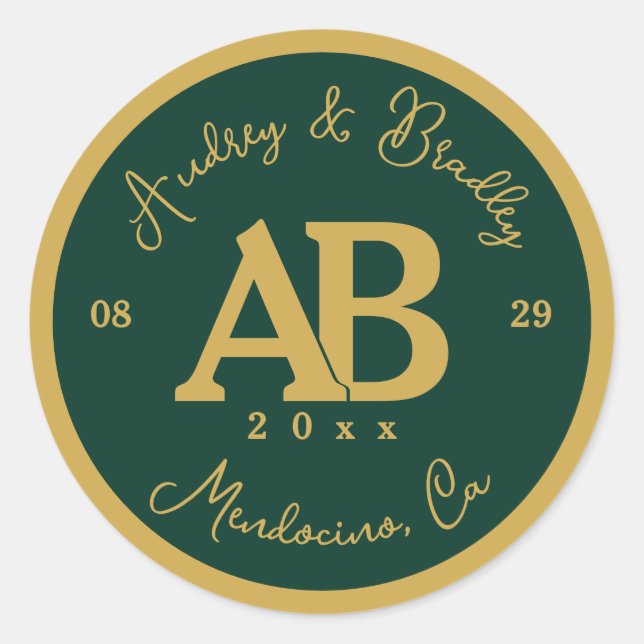 Emerald Green und Gold 2 Letter Monogram Wedding Runder Aufkleber (Vorderseite)
