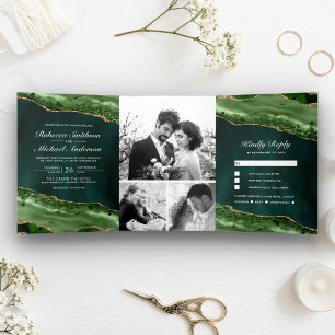 Emerald Green und Gold Agate Foto Collage Wedding Dreifach Gefaltete Einladung