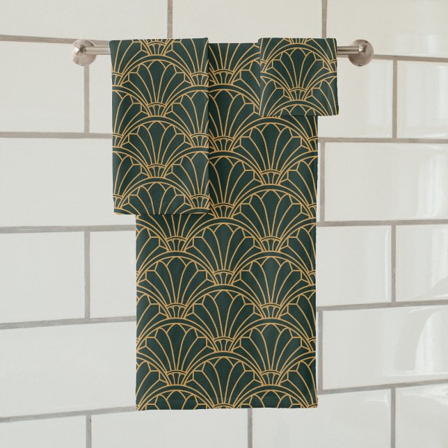 Emerald Green und Gold Art Deco Fan Blume Motif Badhandtuch Set (Von Creator hochgeladen)