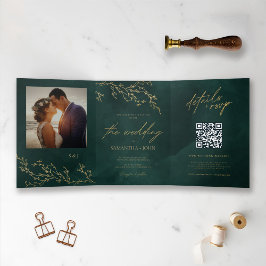 Emerald Green und Gold Botanische Hochzeit Dreifach Gefaltete Einladung