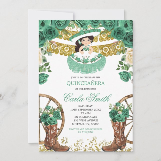 Emerald Green und Gold Charra Mis Quince Einladung (Vorderseite)