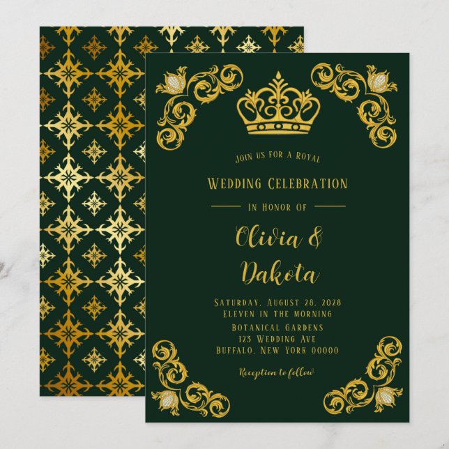 Emerald Green und Gold Damask Royal Wedding Einladung (Vorne/Hinten)