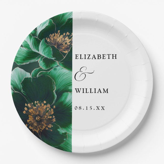 Emerald Green und Gold Elegante Blumenhochzeit Pappteller (Vorderseite)