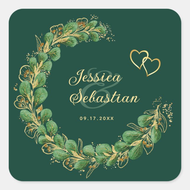 Emerald Green und Gold Eucalyptus Wedding Quadratischer Aufkleber (Vorderseite)