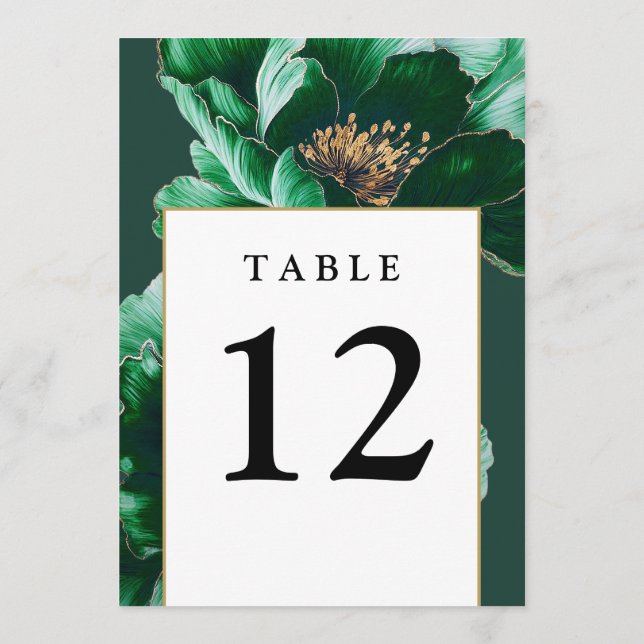 Emerald Green und Gold Floral Moderne Tischnummern (Rückseite)