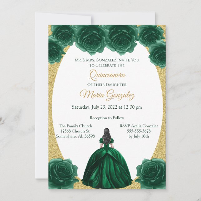 Emerald Green und Gold Floral Quinceanera Einladung (Vorderseite)
